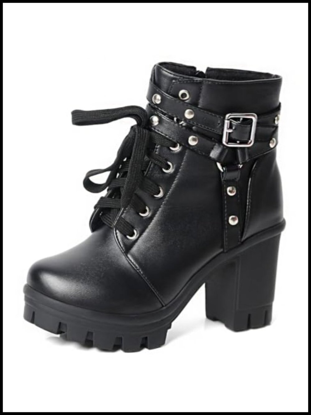Goth Platform Heel Boots Studded Lace Up Chunky Combat Booties Punk Y2K